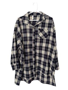 Hesed Tunic Shirt Size Medium/Large Plaid Button Up High Low Navy Cream Preppy